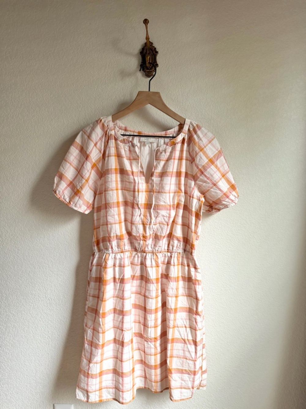 LOFT Pink and Orange Plaid Short-Sleeve Dress